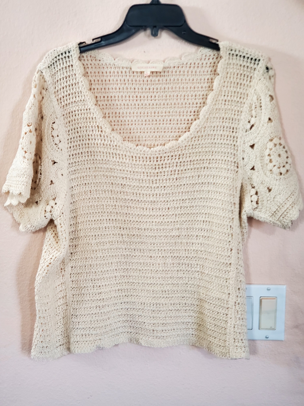 Solitaire Open Stitch Cottagecore Y2K Cream Open Crochet Scoop Neck Sweater LG